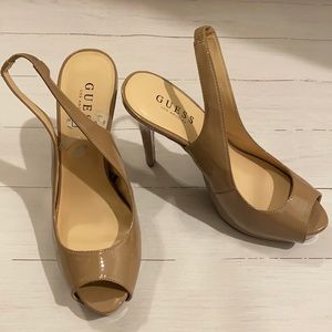 Tan patent leather stilettos